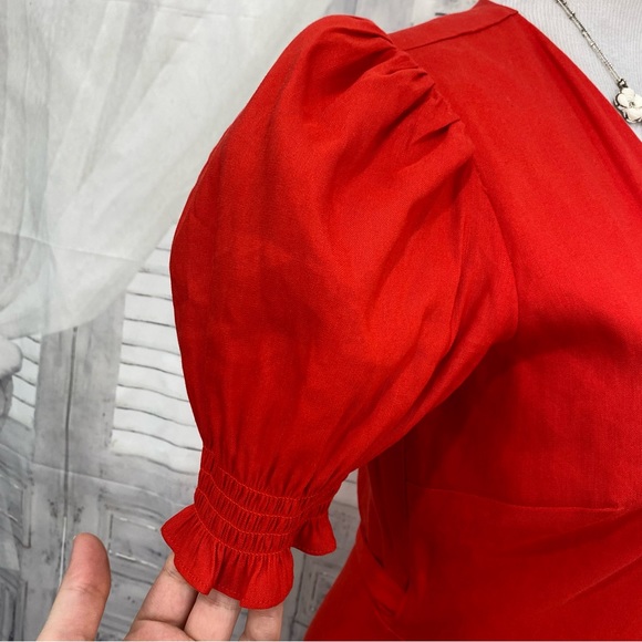 Antonio Melani Solid Red Linen Surplice V-Neck Short Puff Sleeve Wrap Tie Dress - Picture 10 of 15